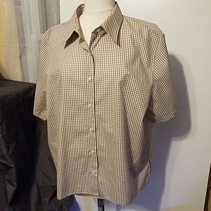 Orvis gingham short sleeve tan white top